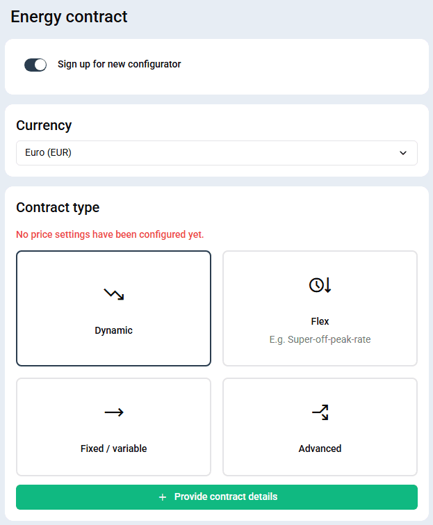 Energy settings overview with dynamic selected