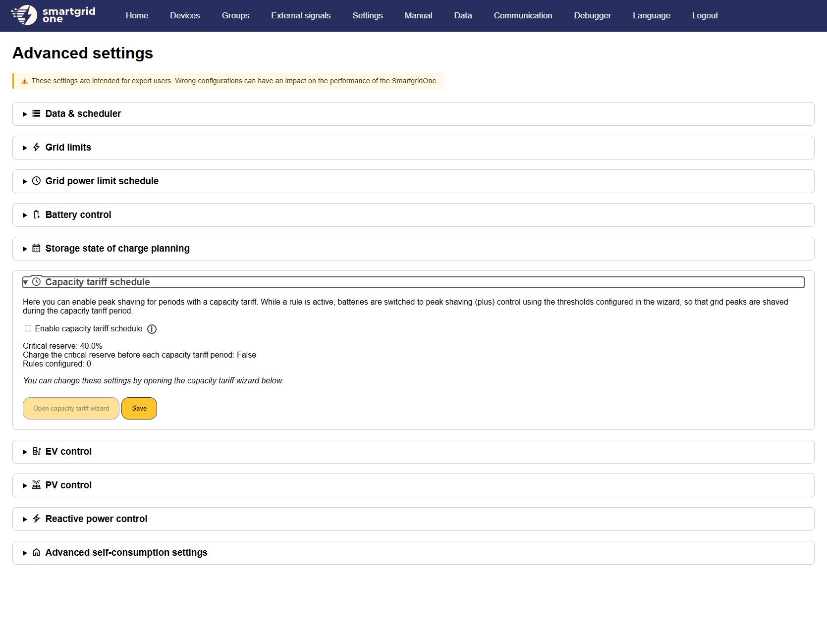 Capacity tariff schedule summary in the Controller advanced settings