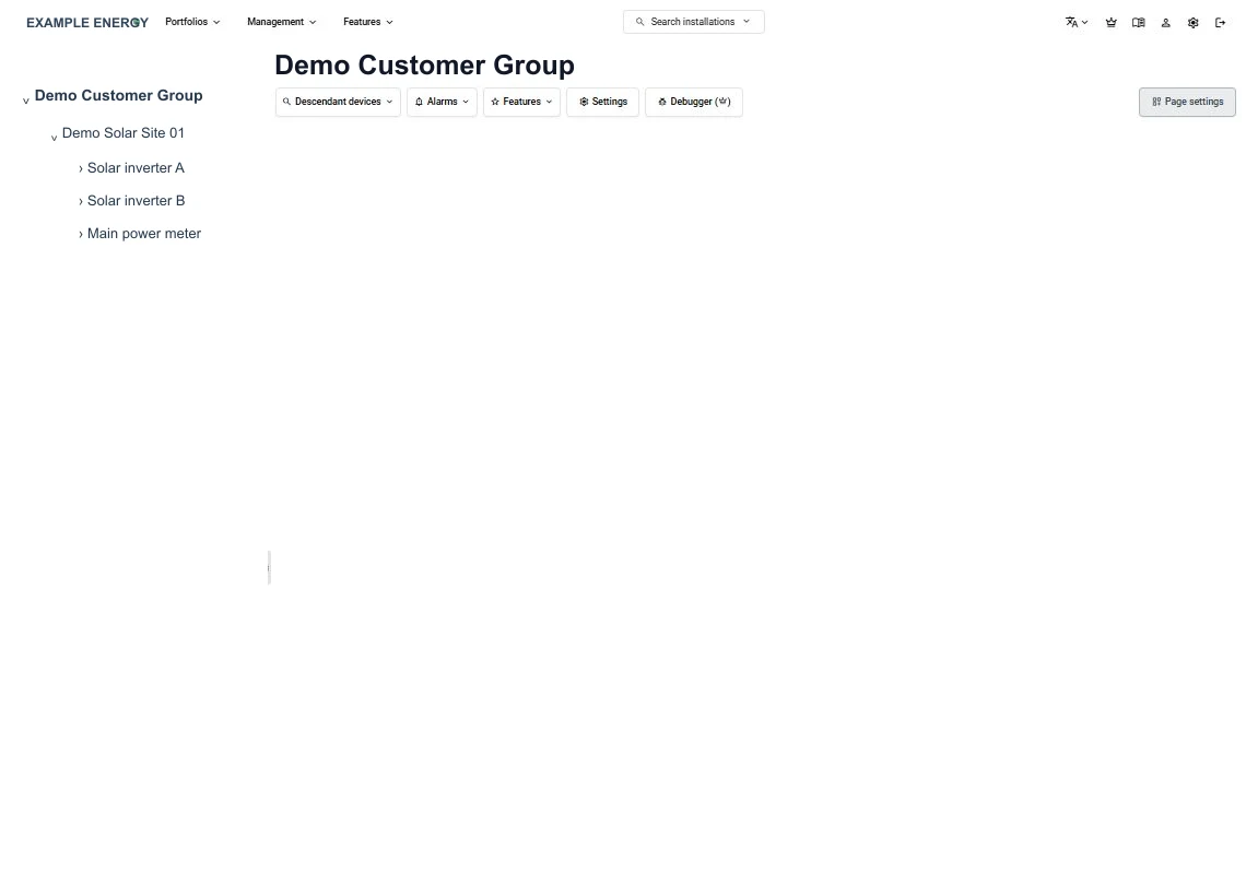 An anonymized customer record with its installation and device hierarchy