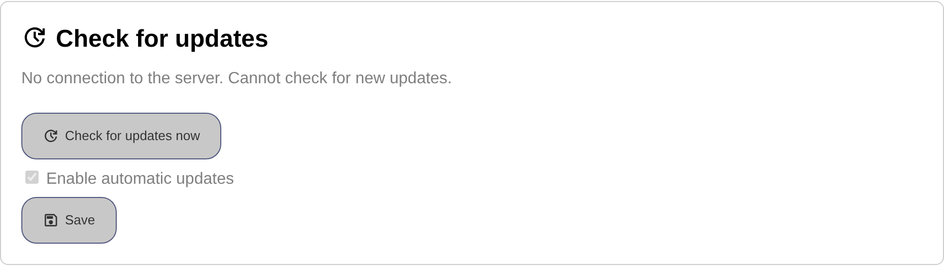 The check for updates section of the settings page