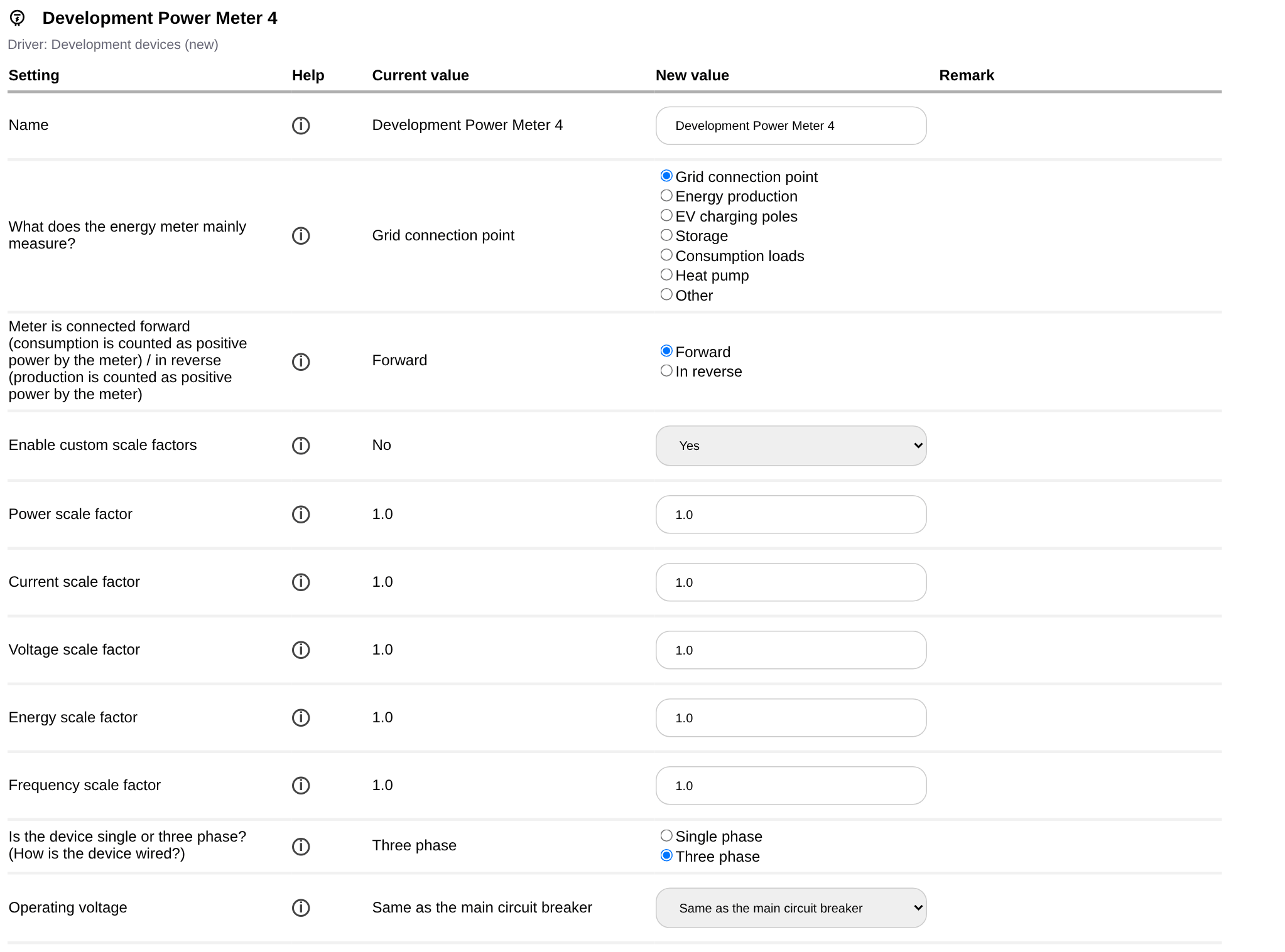 The settings of an energy meter