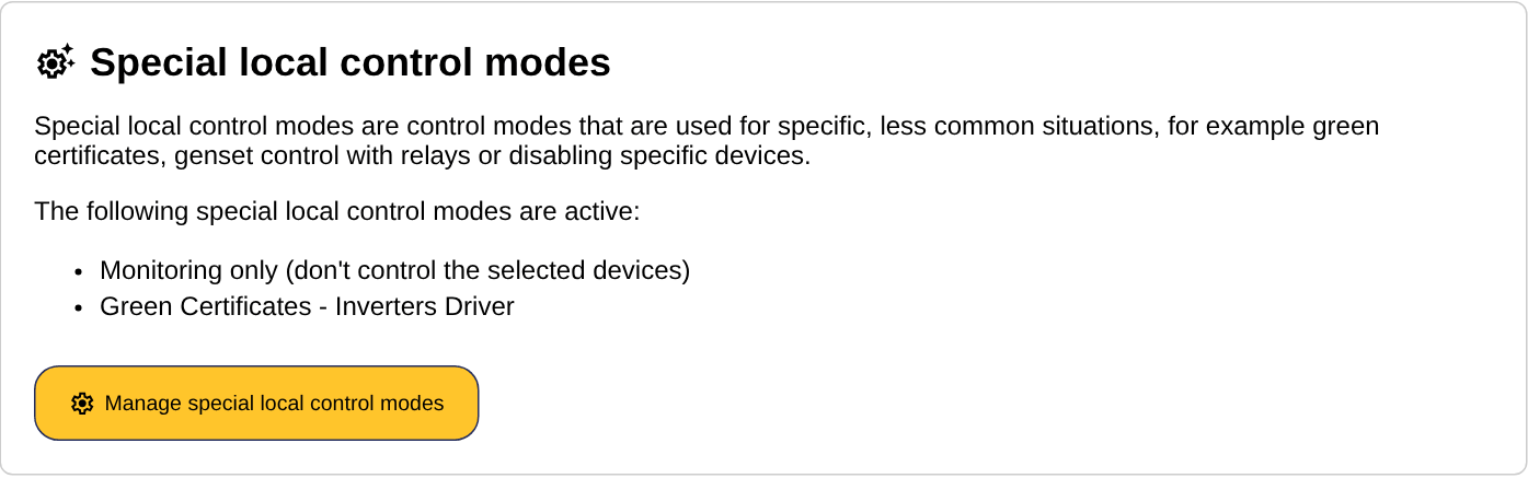 The special local control modes section on the settings page